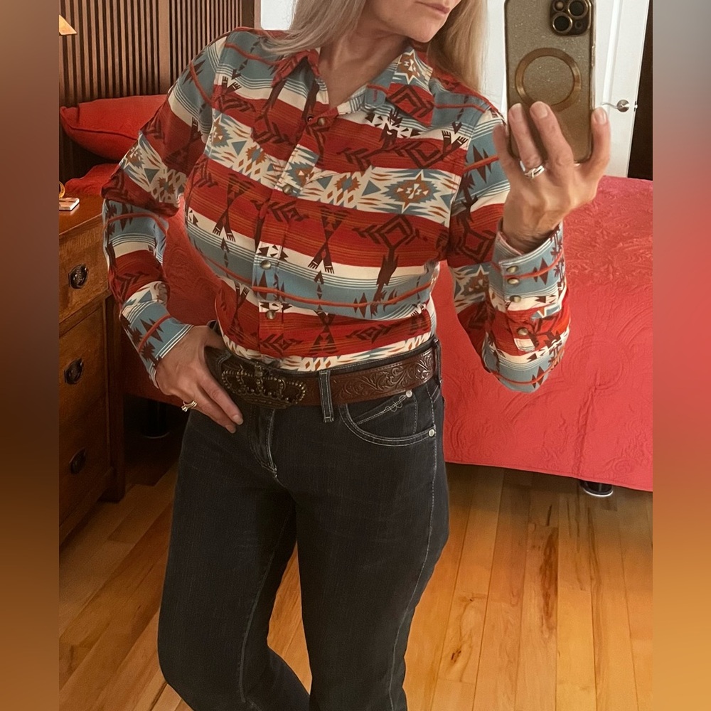 Wrangler Retro Teal Red Brown Southwest Aztec Pearl Snap Western Shirt, Size S - Picture 4 of 15